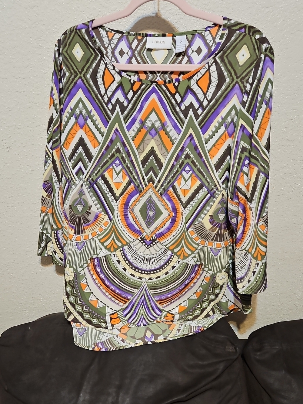 Chico's Olive, Orange & Purple Geometric Long Sleeve Top